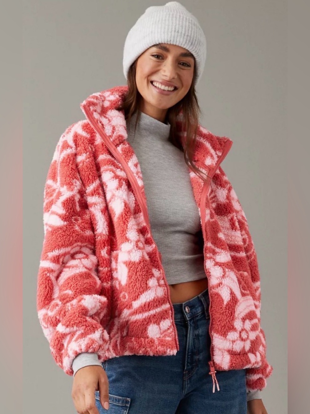 American Eagle Red/White Bear Hug Cozy Sherpa Zip Jacket‎ Sz Med Boho-Chic Fairy